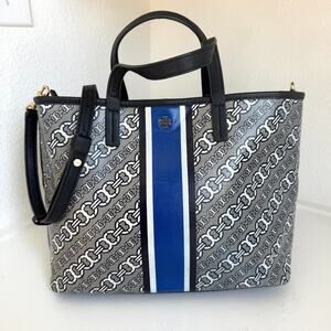TORY BURCH Gemini Link Canvas Satchel Tote Navy Stripe Crossbody Bag